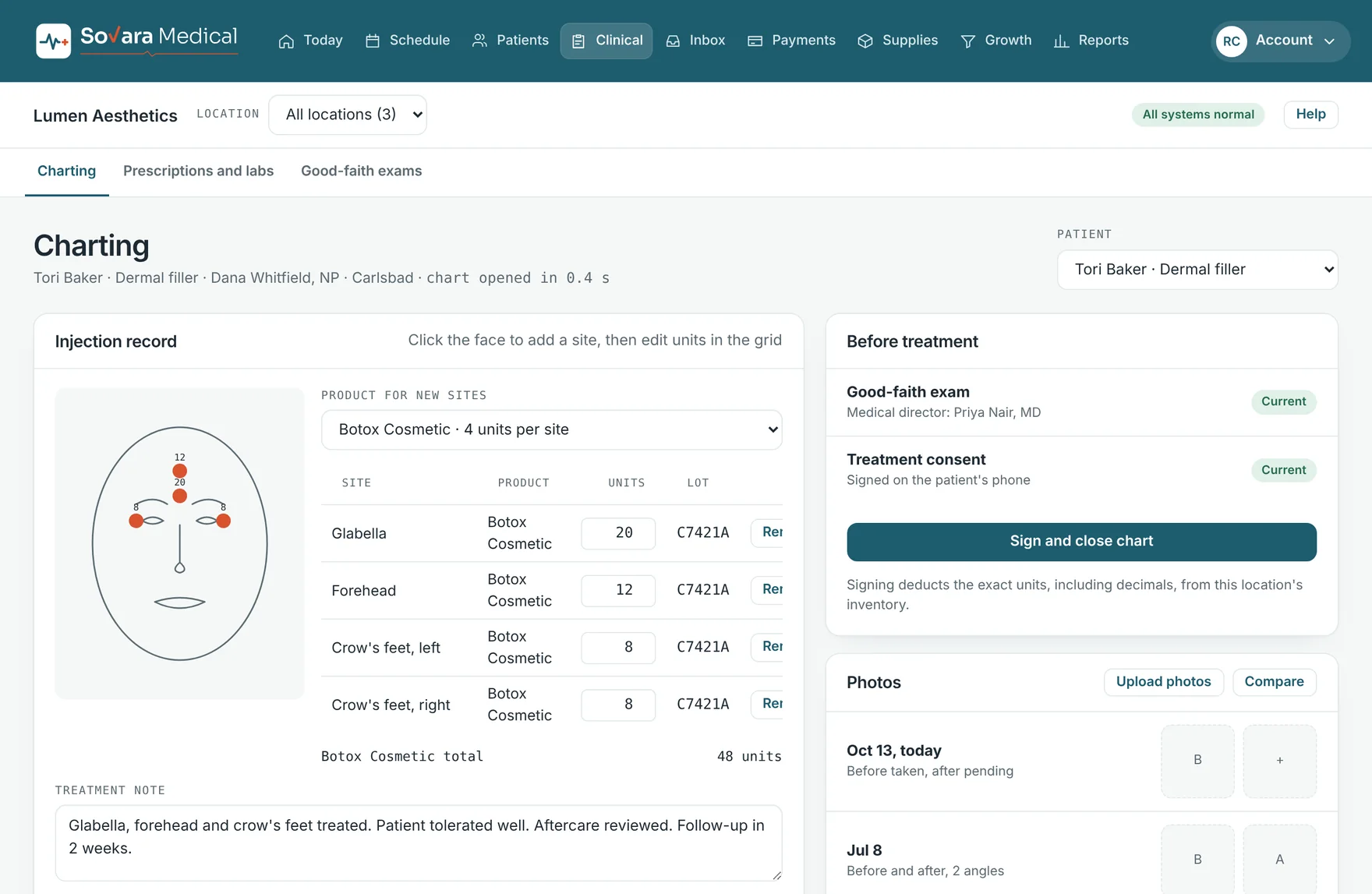 An injection record with a face map, sites, units and lot numbers.