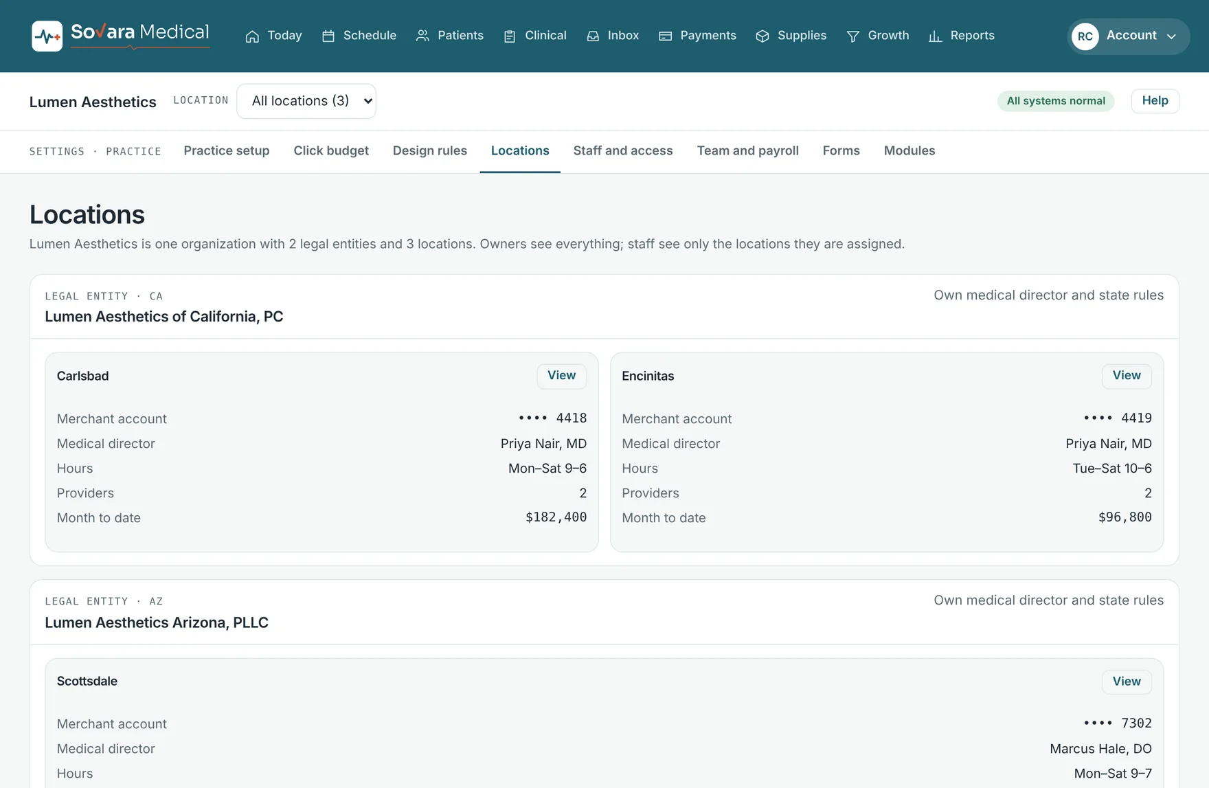 The locations screen: two legal entities in two states, each with its locations, medical director, hours and month-to-date revenue.