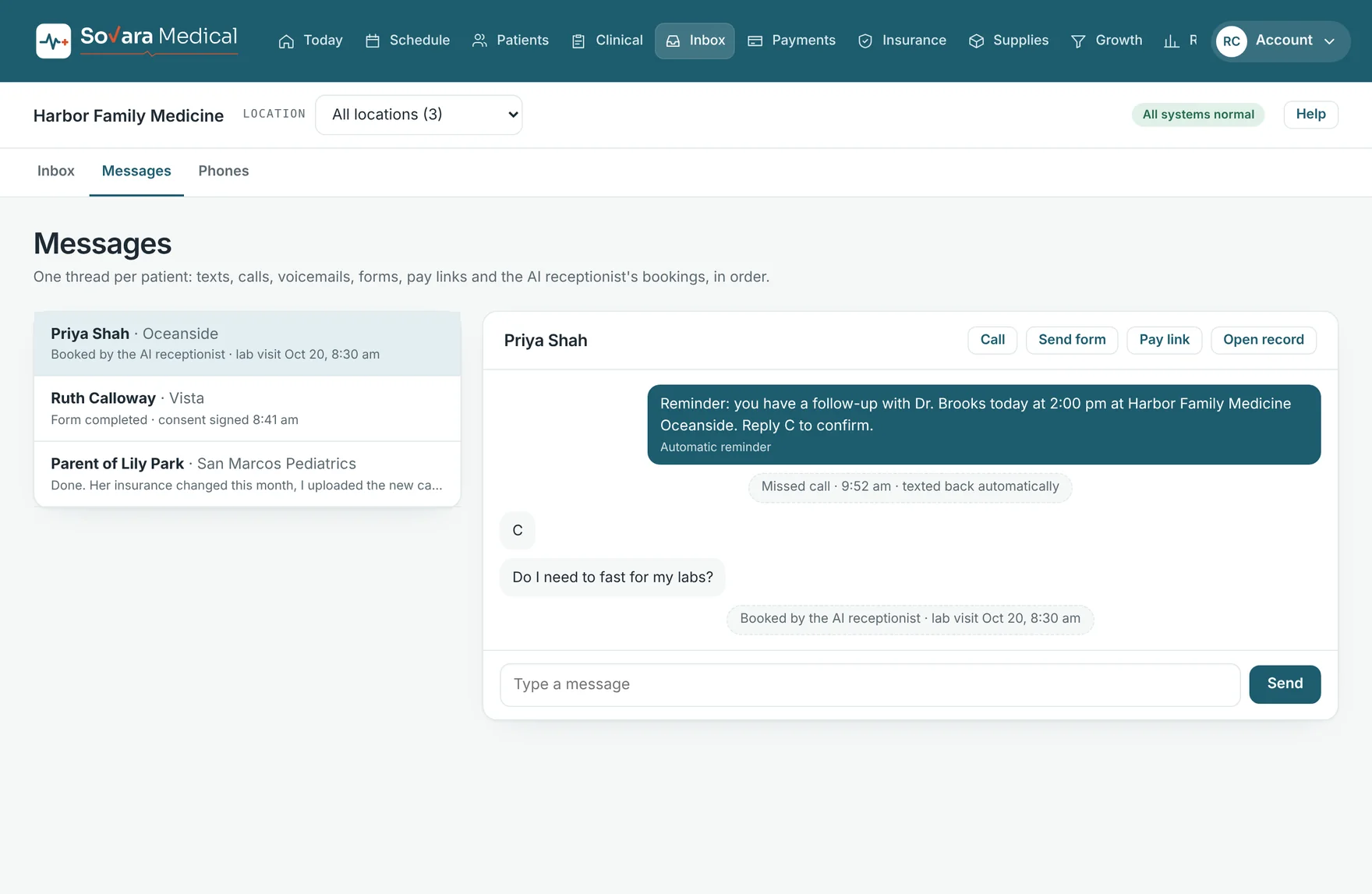 The messages screen with a list of patient threads and an open conversation with reminders and replies.