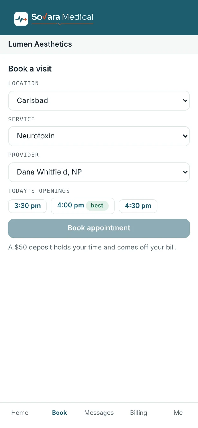 Patient app booking: location, service, provider and today's open times.