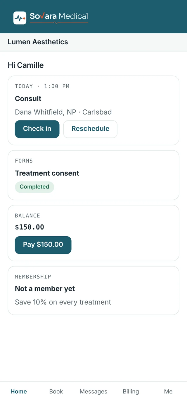 Patient app home: today's appointment with a check-in button, completed consent form, balance and membership.