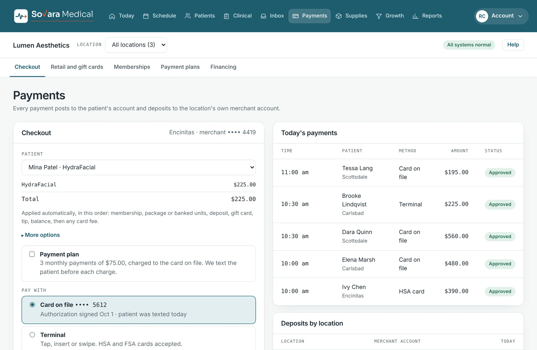 Checkout with the patient's service, total, payment plan option and card on file, beside today's approved payments.