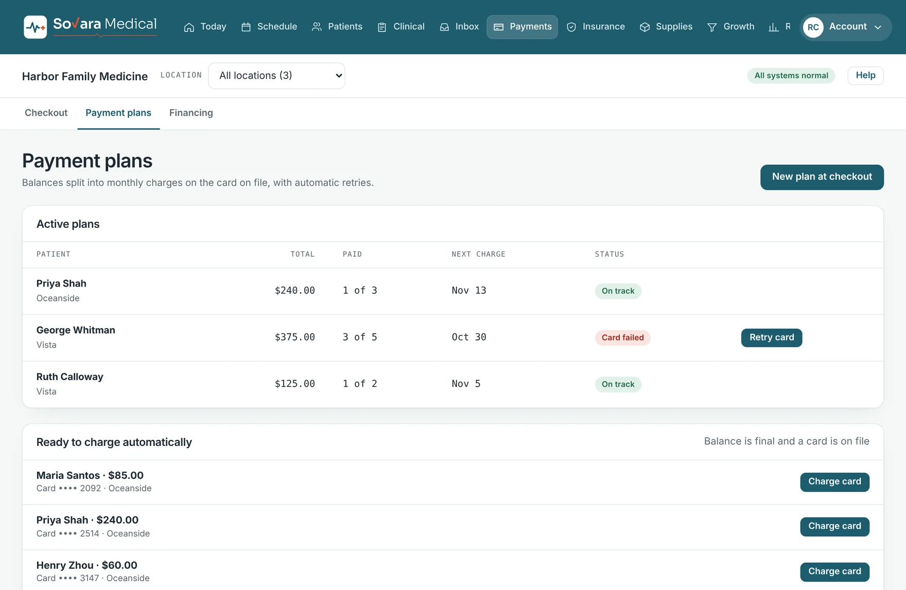 The payment plans screen with active plans and balances ready to charge to the card on file.