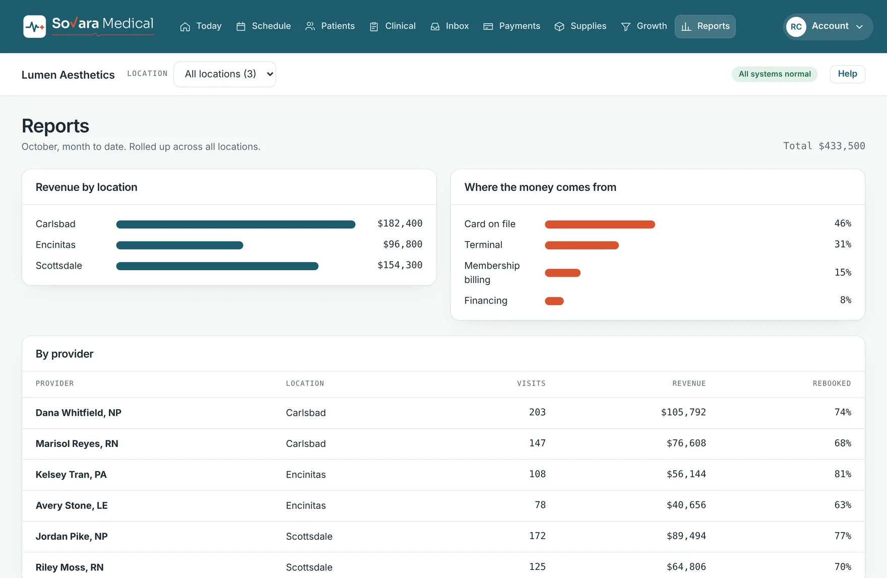 The reports screen: revenue by location, revenue by payment type, and visits, revenue and rebooking rate by provider.