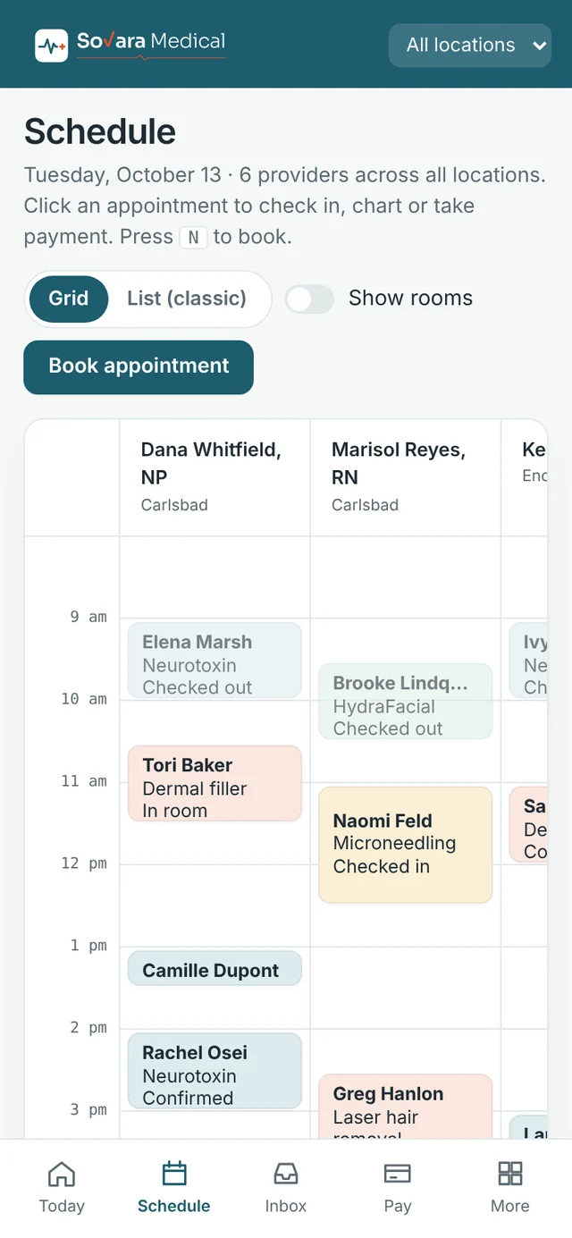 Staff app: the schedule for all locations.