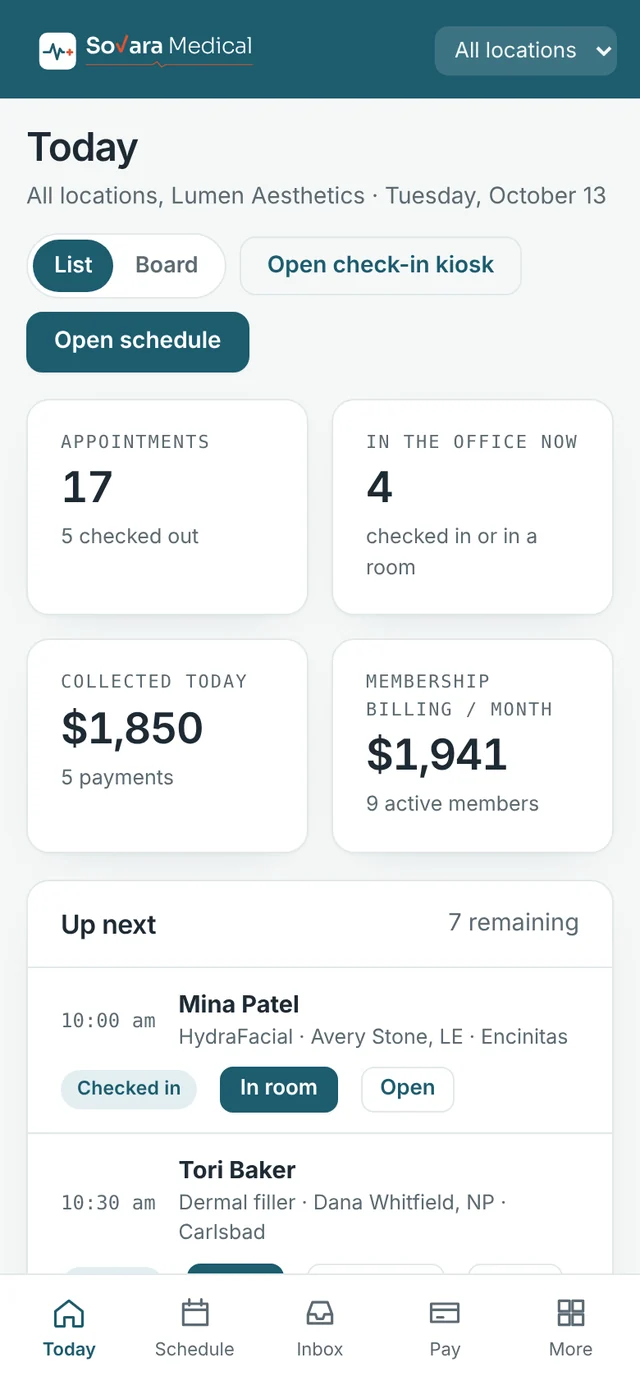Staff app: today's appointments, money collected and the next patients.