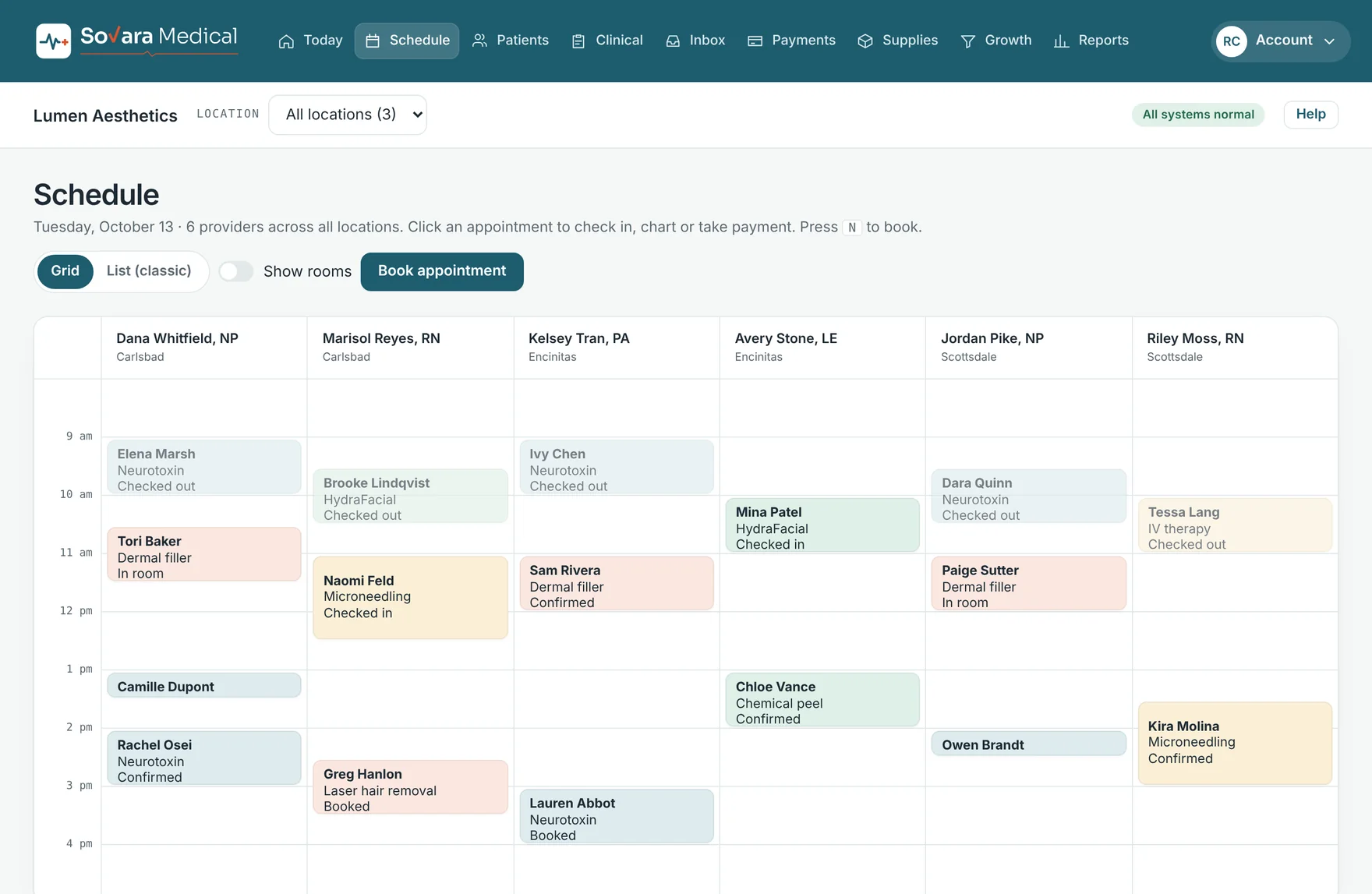 The schedule: one column per provider across three locations, color-coded by appointment status.